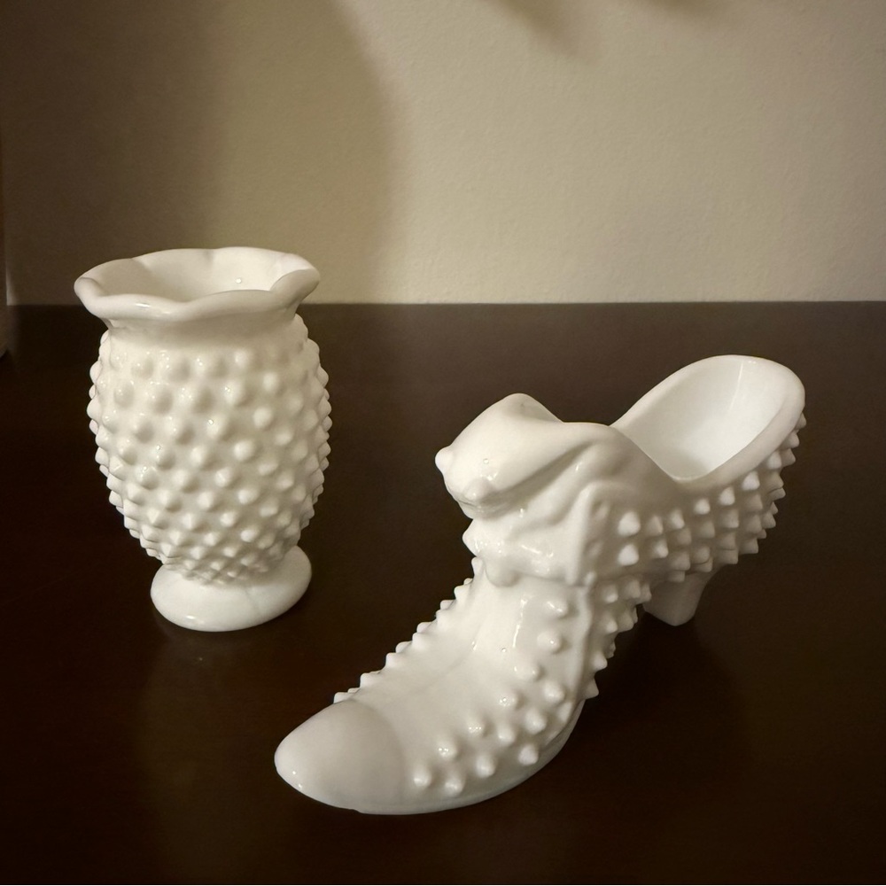 Antique White Hobnail Vase and Shoe Figurine Set - Picture 2 of 9